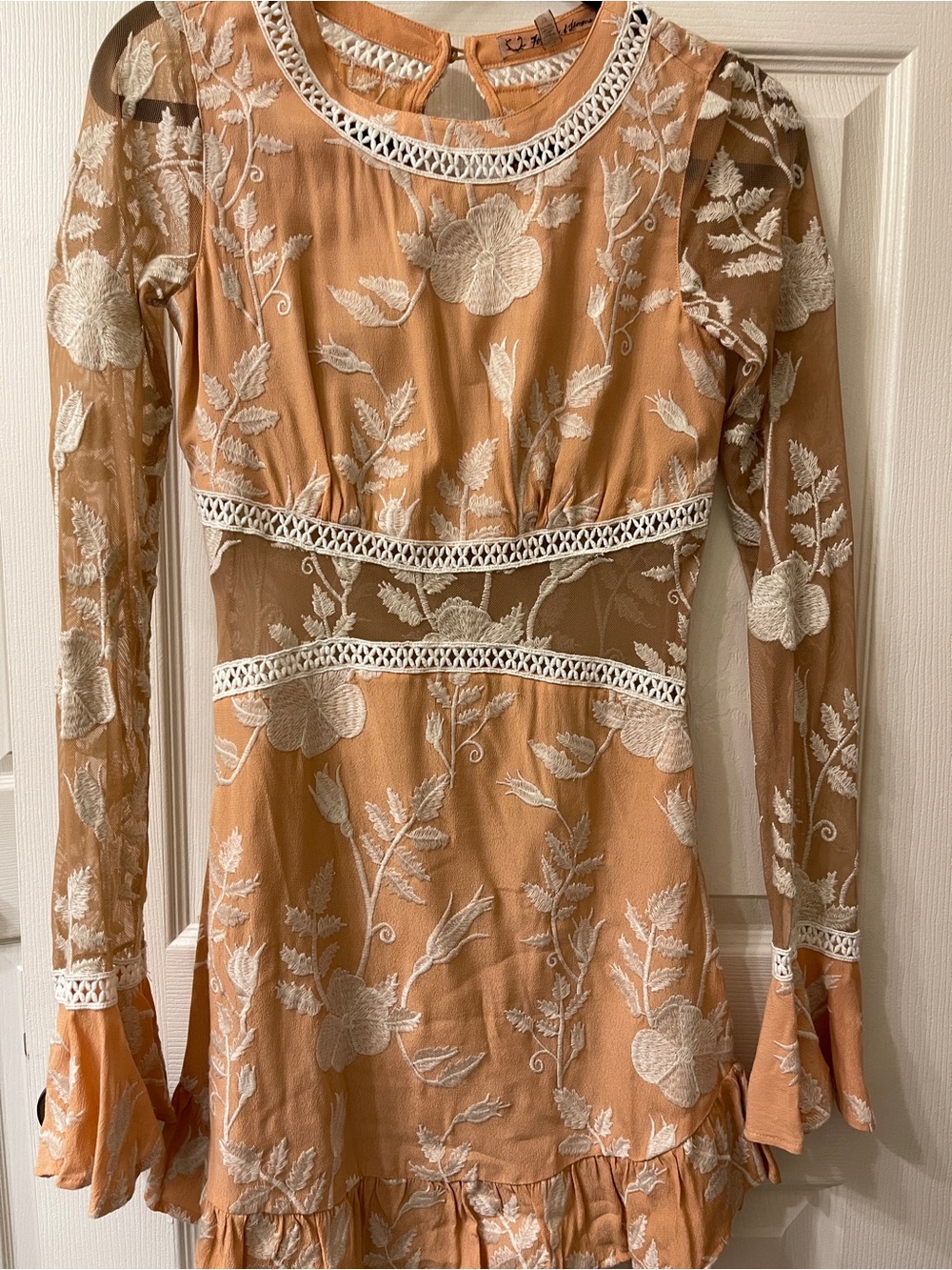For Love And Lemons Peach Floral Embroidered Long-Sleeve Dress